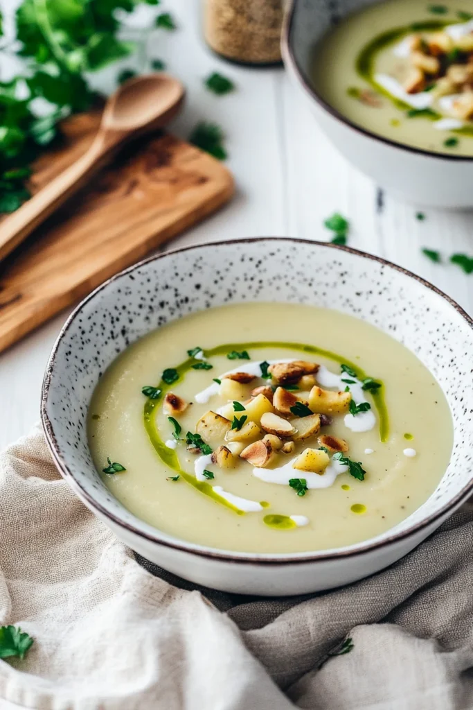 Cremige Kartoffel-Bärlauchsuppe mit Pinienkernen