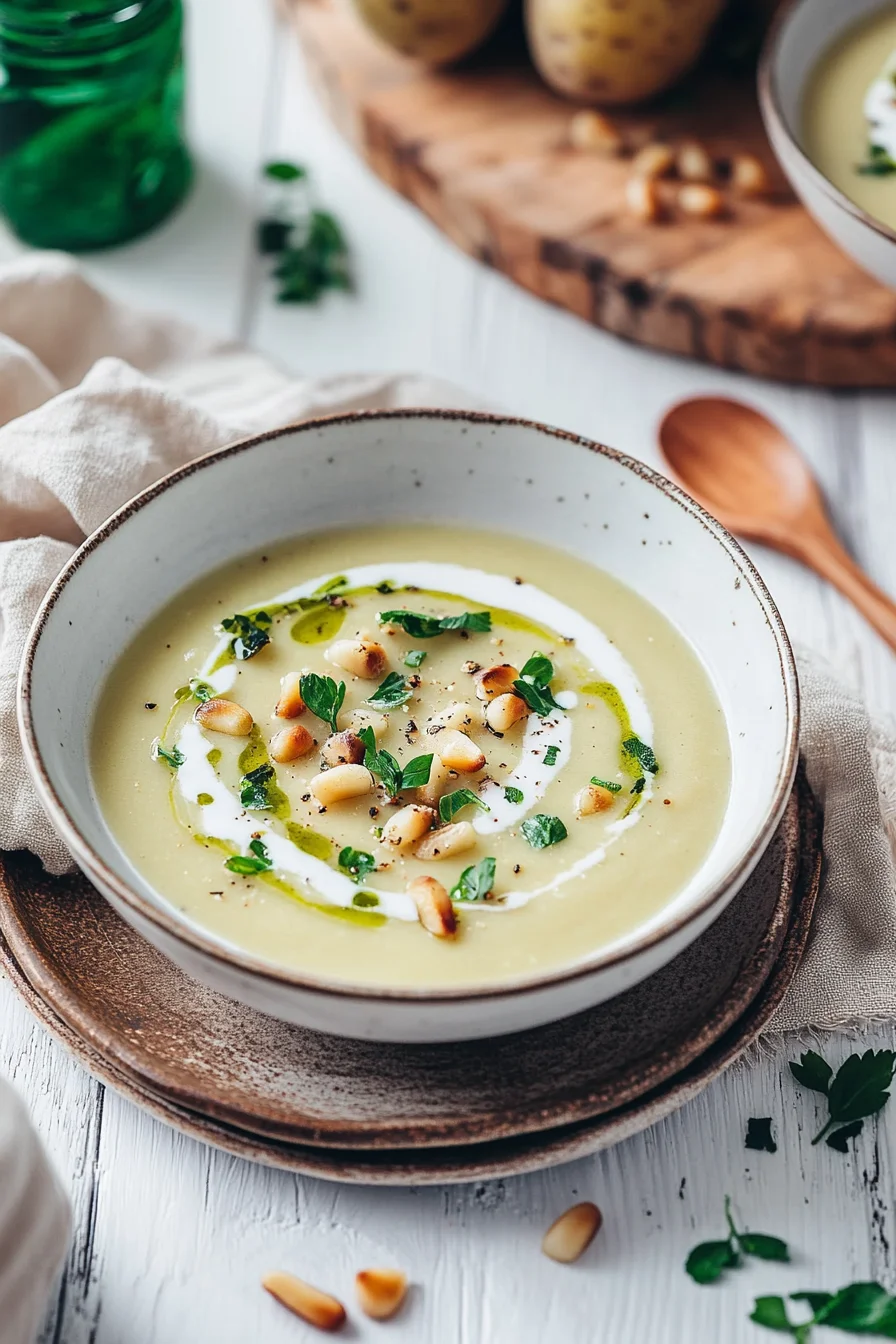 Cremige Kartoffel-Bärlauchsuppe mit Pinienkernen 6 Cremige
