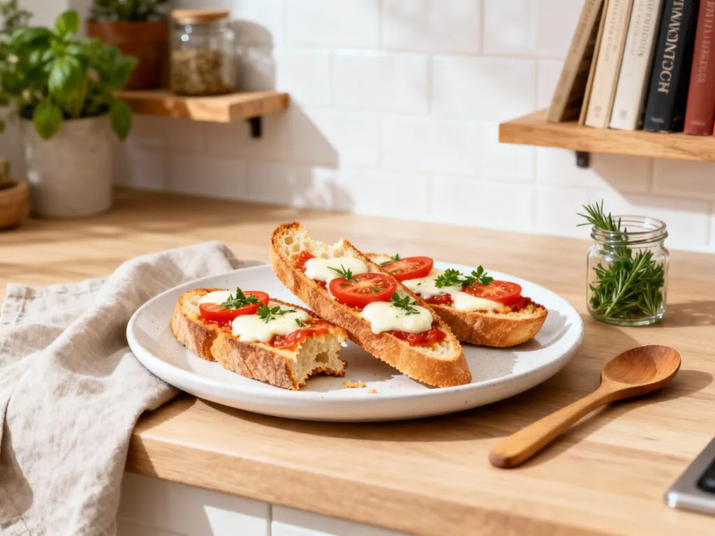 Knusprige Baguettes mit Tomaten, Mozzarella & frischen Kräutern überbacken