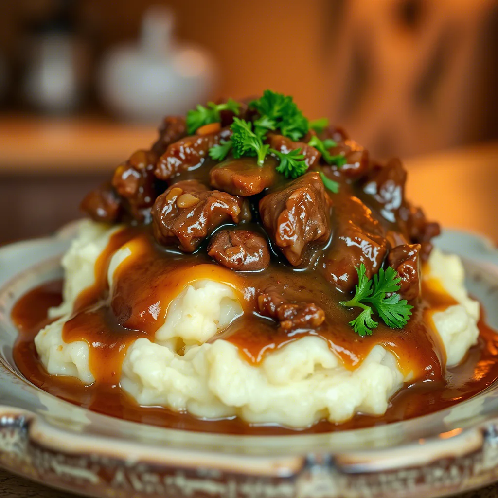 Hackfleisch mit Bratensauce & Kartoffelpüree
