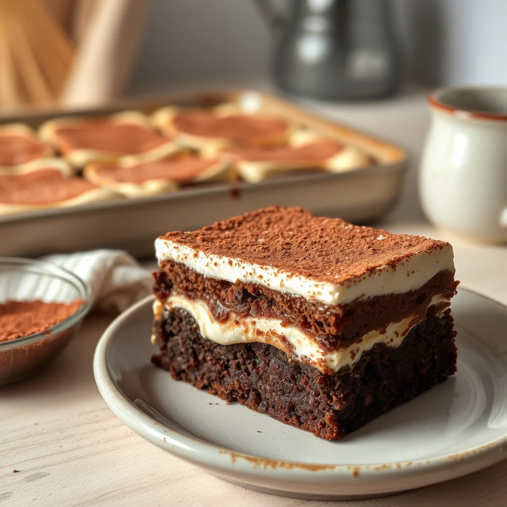 Tiramisu-Brownies sind eine innovative und dekadente Kreation, die die reichhaltige Schokoladentiefe eines Brownies mit den unverwechselbaren Aromen eines italienischen Tiramisus verbindet. Die Basis bildet ein saftiger Espresso-Brownie, der mit dunkler Schokolade und einem Hauch von Espressopulver für eine intensive Geschmacksnote sorgt. Darauf thront eine luftig-leichte Mascarpone-Espresso-Creme, die mit ihrer Cremigkeit und dem feinen Kaffeearoma das Tiramisu-Erbe würdigt. Abgerundet wird dieses Meisterwerk durch eine feine Schicht ungesüßten Kakaopulvers, die nicht nur optisch ansprechend ist, sondern auch eine leicht herbe Note beisteuert.Dieses Dessert ist nicht nur ein Fest für den Gaumen, sondern auch ein echter Hingucker auf jeder Kaffeetafel oder Party. Es ist die perfekte Wahl, wenn man etwas Besonderes servieren möchte, das dennoch nicht übermäßig kompliziert in der Zubereitung ist. Die Kombination aus süßen, herben, cremigen und leicht bitteren Noten sorgt für ein komplexes und doch harmonisches Geschmackserlebnis. Tiramisu-Brownies sind somit die ideale Süßspeise für alle, die klassische Desserts lieben, aber auch gerne neue, aufregende Geschmackskombinationen ausprobieren möchten. Ein wahrhaft unwiderstehlicher Genuss, der garantiert für Begeisterung sorgen wird!Perfekt für:Besondere Anlässe und FeiernEine luxuriöse KaffeetafelAlle Liebhaber von Schokolade und KaffeeWenn du Gäste beeindrucken möchtestEine dekadente Belohnung für dich selbstWarum Du Dieses Rezept Lieben WirstHier ist, warum du Tiramisu-Brownies lieben wirst:Fusion der Klassiker: Die perfekte Verschmelzung von fudgy Brownies und cremigem Tiramisu.Intensiver Geschmack: Schokolade und Espresso harmonieren wunderbar miteinander.Luxuriöse Textur: Ein Zusammenspiel aus saftigem Brownie und luftiger Creme.Beeindruckendes Dessert: Sie sehen komplizierter aus, als sie sind, und beeindrucken garantiert.Süße Sünde: Ein wahrhaft unwiderstehliches Dessert, das man sich gönnen muss.Zubereitungs- und KühlzeitGesamtzeit: ca. 75-85 Minuten (inkl. Kühlzeit)Vorbereitungszeit: 25 MinutenBackzeit: 25 MinutenKühlzeit (nach dem Backen): Mindestens 30 Minuten bis 1 StundePortionen: 12-16 Stücke (je nach Größe)Kalorien pro Stück: Ca. 350-450 Kalorien (geschätzt, je nach Größe und Zutaten)Wichtige Nährstoffe: Kohlenhydrate, Fette, etwas ProteinZutatenHier ist, was du für diese köstlichen Tiramisu-Brownies benötigst:Für die Espresso-Brownies:227 g (1 Tasse) gesalzene Butter (oder ungesalzene Butter + ¼ TL Salz)400 g dunkle Schokolade (70% Kakaoanteil), grob gehackt60 g (½ Tasse) ungesüßtes Kakaopulver120 g (1 Tasse) Weizenmehl (Type 405)5 große Eier140 g (¾ Tasse) brauner Zucker200 g (1 Tasse) weißer Zucker1 Teelöffel Salz (½ Teelöffel, falls iodiertes Salz verwendet wird)1 Esslöffel Vanilleextrakt1 Esslöffel Instant-Espressopulver (oder starker löslicher Kaffee)Für die Mascarpone-Espresso-Creme:225 g Mascarpone, gekühlt240 ml (1 Tasse) Schlagsahne, gekühlt50 g (¼ Tasse) Zucker¼ Teelöffel Salz1 Esslöffel Vanillepaste (oder Vanilleextrakt)1 Esslöffel Instant-Espressopulver (oder starker löslicher Kaffee)Für den letzten Schliff:3 Esslöffel ungesüßtes Kakaopulver (zum Bestäuben)Hervorzuhebende ZutatenDunkle Schokolade: Die Basis für den intensiven Schokogeschmack der Brownies.Instant-Espressopulver: Verstärkt den Schokoladengeschmack und sorgt für die Tiramisu-Note.Mascarpone: Macht die Creme unglaublich reichhaltig und cremig.Geriebene Butter (oder ungesalzene Butter): Sorgt für die zartschmelzende Textur der Brownies.Kakao (ungesüßt): Für die herbe Note und den finalen Touch.Schritt-für-Schritt-AnleitungBefolge diese einfachen Schritte, um deine Tiramisu-Brownies zuzubereiten:Espresso-Brownies zubereiten (Teil 1): In einem großen Topf oder einer hitzebeständigen Schüssel über einem Wasserbad die gesalzene Butter schmelzen. Nimm den Topf vom Herd und rühre die grob gehackte dunkle Schokolade ein, bis sie vollständig geschmolzen und die Mischung glatt ist. Lass diese Schokoladenmischung etwas abkühlen.Espresso-Brownies zubereiten (Teil 2): In einer separaten großen Schüssel die Eier mit dem braunen Zucker, dem weißen Zucker, dem Salz und dem Vanilleextrakt schaumig schlagen. Schlage die Mischung für mehrere Minuten, bis sie hellgelb und dickflüssig ist. Gib dann das Instant-Espressopulver hinzu und rühre es gut unter.Brownie-Teig vollenden: Die geschmolzene Schokoladenmischung vorsichtig unter die Eier-Zucker-Mischung heben. Anschließend das ungesüßte Kakaopulver und das Mehl in die Schüssel sieben. Alles nur so lange verrühren, bis sich die Zutaten gerade eben verbunden haben und keine Mehlspuren mehr sichtbar sind. Nicht übermischen!Backen und Abkühlen: Eine quadratische oder rechteckige Backform (ca. 20x20 cm oder 20x30 cm) fetten und mit Backpapier auslegen. Die Brownie-Masse gleichmäßig in die Form geben. Bei 175 °C (Ober-/Unterhitze) für ca. 25 Minuten backen. Ein Zahnstocher sollte mit feuchten Krümeln herauskommen. Lass die Brownies vollständig in der Form abkühlen, bevor du sie aus der Form nimmst.Mascarpone-Creme herstellen: In einer gekühlten großen Schüssel die Mascarpone und die Schlagsahne mit einem Handmixer oder einer Küchenmaschine cremig schlagen. Füge dann den Zucker, das Salz, die Vanillepaste und das Instant-Espressopulver hinzu. Schlage die Mischung weiter, bis eine luftige und stabile Creme entsteht. Achte darauf, nicht zu lange zu schlagen, sonst kann die Mascarpone-Mischung gerinnen.Zusammenfügen: Sobald die Brownies vollständig abgekühlt sind, bestreiche sie großzügig und gleichmäßig mit der vorbereiteten Mascarpone-Espresso-Creme. Nutze einen Spatel, um die Creme glatt zu streichen.Finaler Touch und Servieren: Bestäube die Oberfläche der Tiramisu-Brownies großzügig mit ungesüßtem Kakaopulver. Dies gelingt am besten mit einem kleinen Sieb. Schneide die Brownies in gleichmäßige Stücke und serviere sie sofort oder gekühlt.Wie ServierenTiramisu-Brownies sind ein Dessert für besondere Momente:Pur genießen: Der Kuchen ist so reichhaltig und aromatisch, dass er hervorragend pur schmeckt.Mit Kaffeebohnen: Als Deko ein paar Schokoladen-Kaffeebohnen auf jeden Brownie legen.Mit Schokoladenraspeln: Zusätzliche Schokoladenraspeln für noch mehr Schokogenuss.Mit frischen Beeren: Eine leichte Süße und Frische durch ein paar Himbeeren oder Erdbeeren.Zum Espresso: Perfekt als Begleitung zu einem starken Espresso.Zusätzliche TippsHier sind einige Tipps, um deine Tiramisu-Brownies noch besser zu machen:Schokoladequalität: Verwende hochwertige dunkle Schokolade, da sie maßgeblich den Geschmack der Brownies beeinflusst.Brownies nicht überbacken: Für fudgy Brownies ist es entscheidend, sie nicht zu lange im Ofen zu lassen. Sie sollen in der Mitte noch leicht feucht sein.Creme nicht überschlagen: Die Mascarpone-Sahne-Mischung nur so lange schlagen, bis sie fest ist. Zu langes Schlagen kann dazu führen, dass sie gerinnt oder körnig wird.Abkühlzeit beachten: Der Brownie muss vollständig kalt sein, bevor die Mascarpone-Creme aufgetragen wird, sonst schmilzt sie.Salz in der Creme: Die Prise Salz in der Mascarpone-Creme hebt die süßen und Kaffee-Aromen hervor.Instant-Espresso: Wenn du kein Espressopulver hast, kannst du auch stark gebrühten, abgekühlten löslichen Kaffee verwenden.RezeptvariationenHier sind 7 Variationen von Tiramisu-Brownies, die du ausprobieren kannst:Mit Amaretto-Hauch: Füge der Mascarpone-Creme oder der Brownie-Mischung einen Schuss Amaretto (oder Mandelextrakt) hinzu.Orangen-Tiramisu-Brownies: Etwas Orangenabrieb zum Brownie-Teig geben und einen Hauch Orangenlikör (oder Orangensaft) in die Mascarpone-Creme.Karamell-Swirl: Einen Karamell-Swirl in den Brownie-Teig einarbeiten, bevor er gebacken wird.Mit gehackten Nüssen: Walnüsse oder Pekannüsse zum Brownie-Teig hinzufügen für zusätzlichen Biss.Weiße Schokolade Tiramisu: Einen Teil der dunklen Schokolade durch weiße Schokolade ersetzen.Vegan-Option: Verwende vegane Butter, pflanzliche Sahne und vegane Mascarpone-Alternative.Glutenfrei: Ersetze das Mehl durch eine geeignete glutenfreie Mehlmischung.SpezialausrüstungHier sind 10 nützliche Küchenutensilien für die Zubereitung der Tiramisu-Brownies:Quadratische oder rechteckige Backform (ca. 20x20 cm oder 20x30 cm)BackpapierGroßer Topf oder hitzebeständige Schüssel (für Wasserbad)Mehrere große RührschüsselnHandmixer oder KüchenmaschineTeigschaberMessbecher und MesslöffelKuchengitterKleines Sieb (zum Bestäuben mit Kakao)Spatel oder Tortenheber zum Verteilen der CremeLagerung und AufbewahrungKühlschrankaufbewahrung: Tiramisu-Brownies sollten aufgrund der Mascarpone-Creme unbedingt in einem luftdichten Behälter im Kühlschrank aufbewahrt werden. Sie bleiben dort 3-4 Tage frisch.Länger frisch halten: Nimm die Brownies etwa 15-30 Minuten vor dem Servieren aus dem Kühlschrank, damit die Creme weicher wird und die Aromen sich besser entfalten können.Einfrieren: Die gebackenen Brownies (ohne Mascarpone-Creme) können gut eingefroren werden. Wickle sie fest in Frischhaltefolie und dann in Alufolie ein. Sie halten sich im Gefrierfach bis zu 2-3 Monate. Das Frosting sollte frisch zubereitet und erst nach dem Auftauen aufgetragen werden.Vermeidung von Austrocknung: Achte immer darauf, dass die Brownies luftdicht verpackt sind, um Austrocknung und das Annehmen von Kühlschrankgerüchen zu verhindern.FAQ: Häufig gestellte Fragen zu Tiramisu-BrowniesHier findest du Antworten auf häufige Fragen, damit deine Tiramisu-Brownies perfekt gelingen.Kann ich auch hellere Schokolade für die Brownies verwenden?Ja, du kannst auch Schokolade mit einem geringeren Kakaoanteil (z.B. 50-60%) oder sogar Milchschokolade verwenden, wenn du es süßer und weniger herb magst. Beachte, dass der Geschmack dann weniger intensiv schokoladig wird.Meine Mascarpone-Creme ist zu flüssig geworden, was kann ich tun?Das passiert oft, wenn die Mascarpone nicht kalt genug war oder die Creme zu lange geschlagen wurde. Versuche, die Creme für 15-30 Minuten im Kühlschrank fest werden zu lassen und schlage sie dann nochmals kurz auf. Wenn sie immer noch zu flüssig ist, kannst du etwas gesiebten Puderzucker hinzufügen, um die Konsistenz zu verdicken.Kann ich die Brownies auch in einer anderen Form backen?Ja, du kannst die Brownies auch in einer runden Springform (ca. 26 cm) backen, dann wird die Backzeit eventuell etwas kürzer sein (ca. 20-25 Minuten). Achte auf die Garprobe. Auch als Muffins gebacken (ca. 18-20 Minuten Backzeit) sind sie lecker.