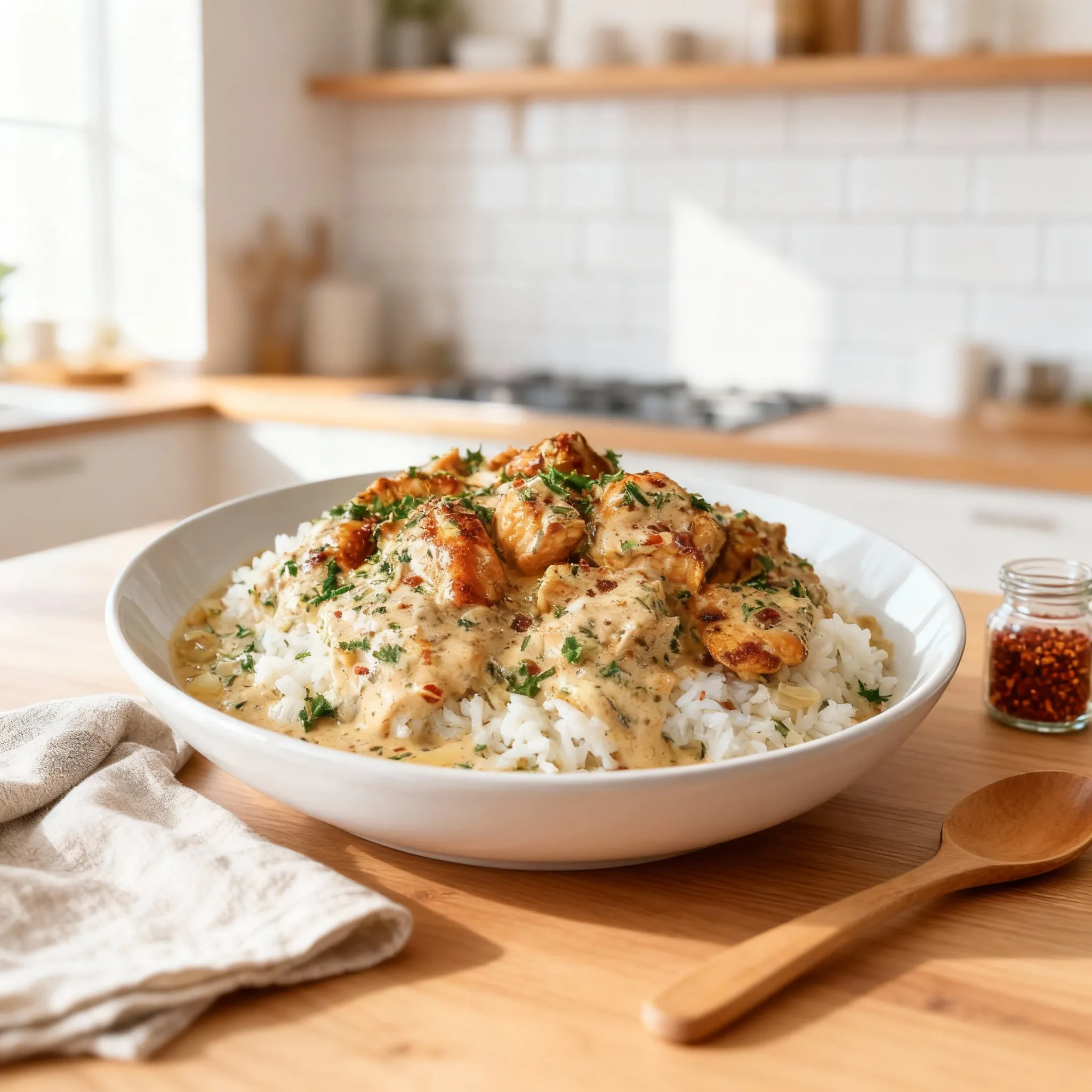 Cremiges Hähnchen mit Reis – zarte Hähnchenbrust in Sahnesauce, One-Pot tauglich & perfekt für unter der Woche