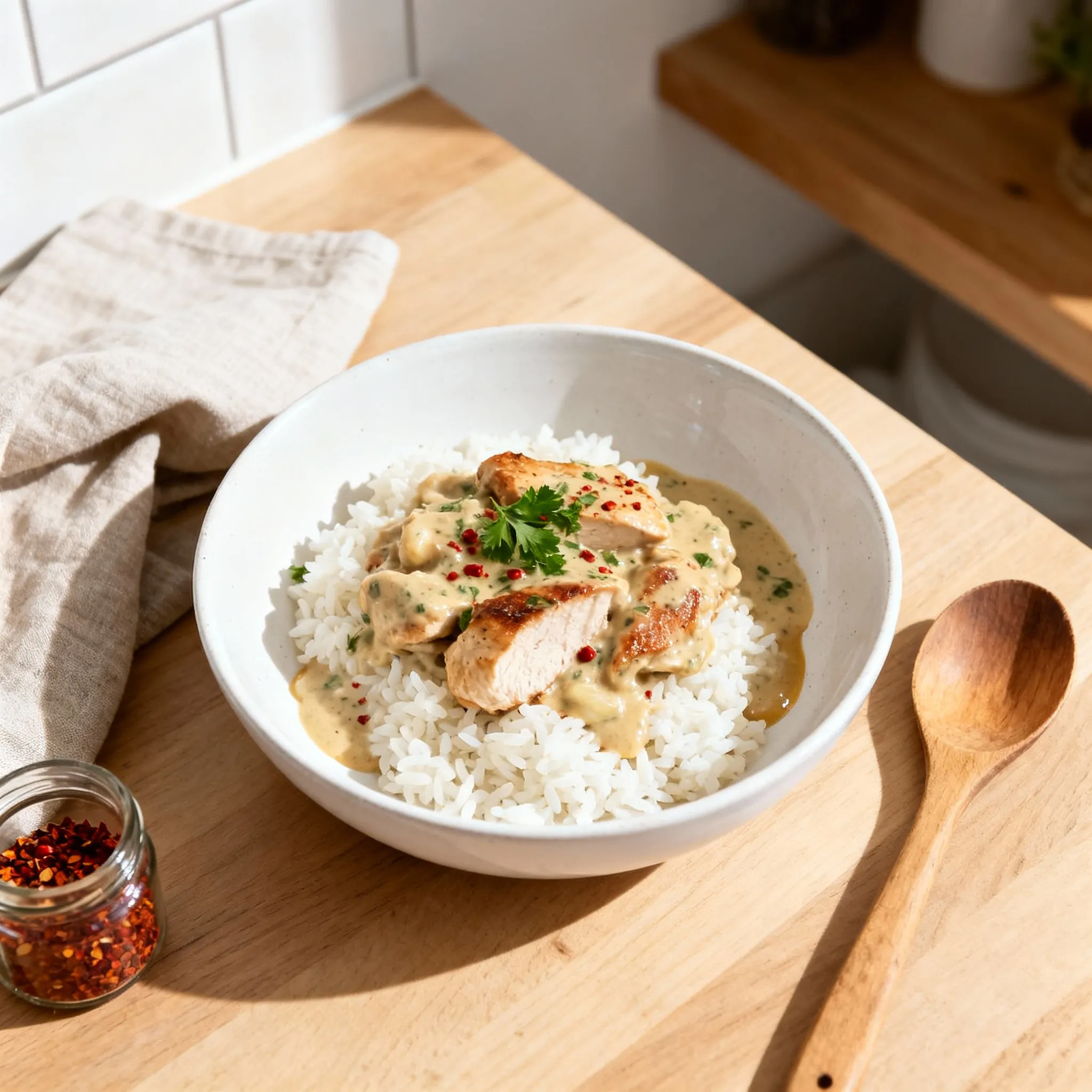 Cremiges Hähnchen mit Reis – zarte Hähnchenbrust in Sahnesauce, One-Pot tauglich & perfekt für unter der Woche