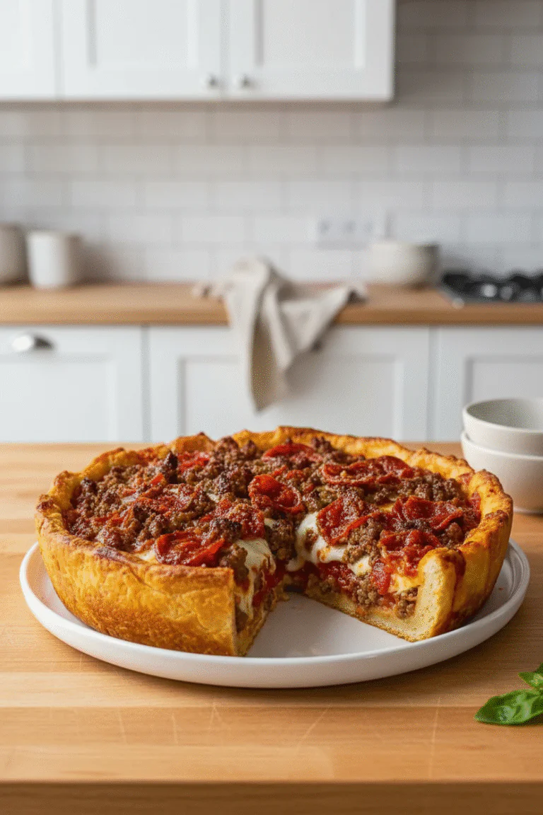 Deep Dish Fleisch Pie – Herzhaft mit Hackfleisch, Wurst und Pepperoni