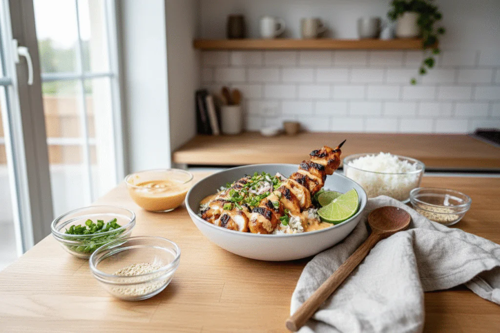 Sweet Chili Hähnchen Bowl mit Kokos-Limetten-Sauce