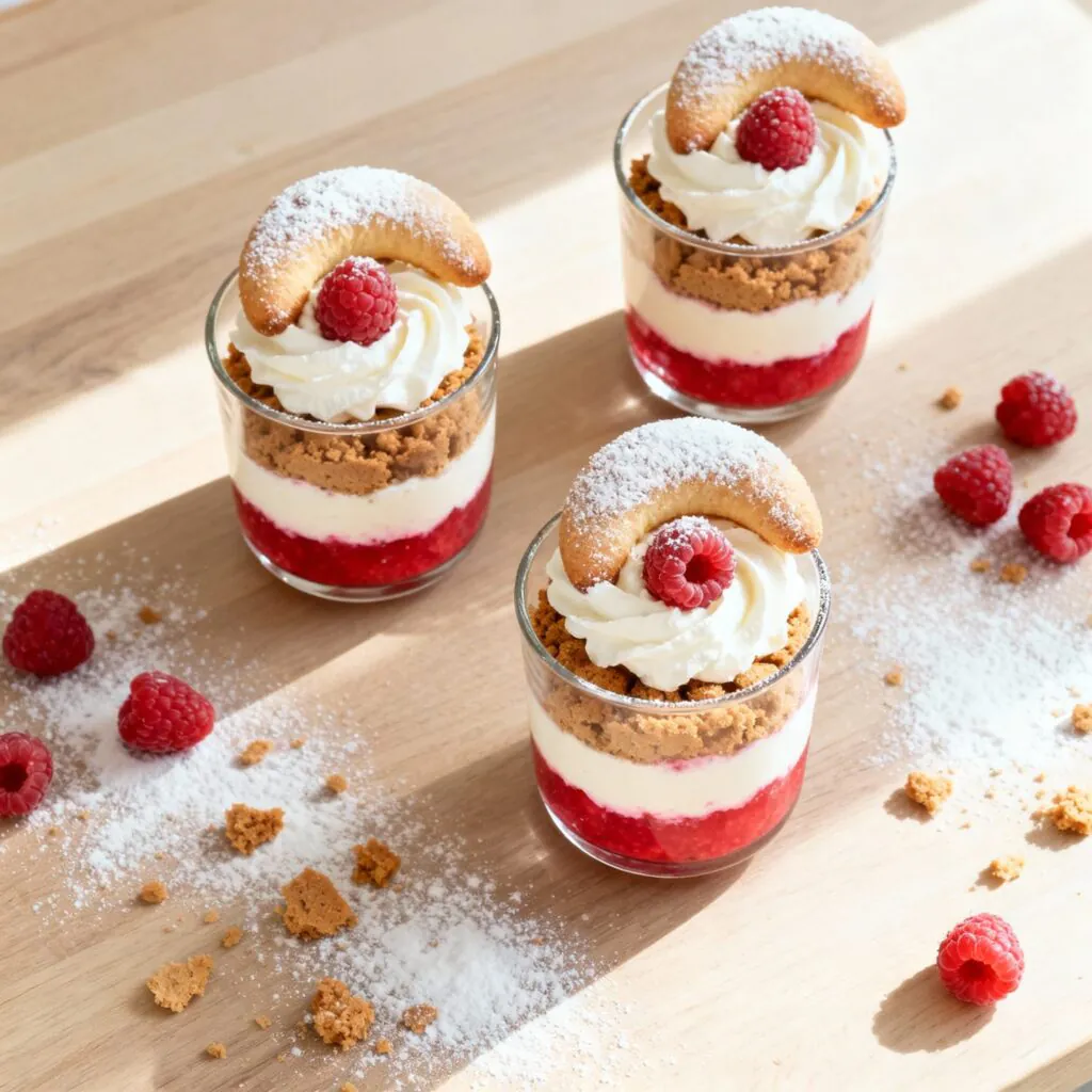 Weihnachtsdessert mit Vanillekipferl & Himbeeren im Glas
