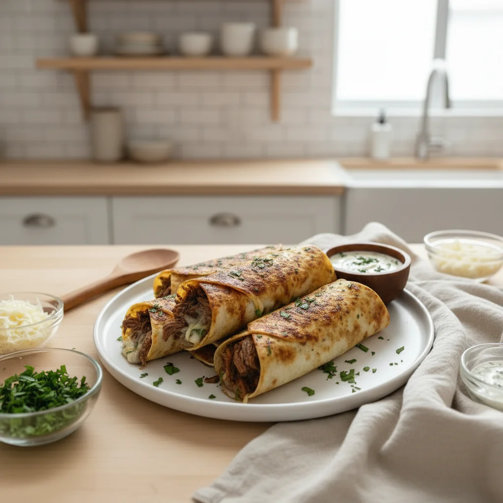 French Dip Tortilla Wraps Rezept – Knusprig Käsig mit Au Jus Dip