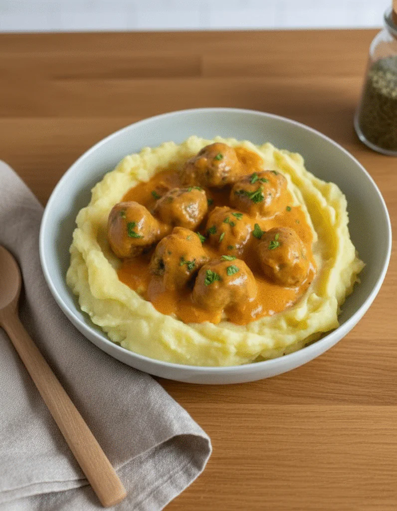 Hackbällchen in cremiger Sauce mit Kartoffelpüree Rezept – Einfaches Familienessen rezepte