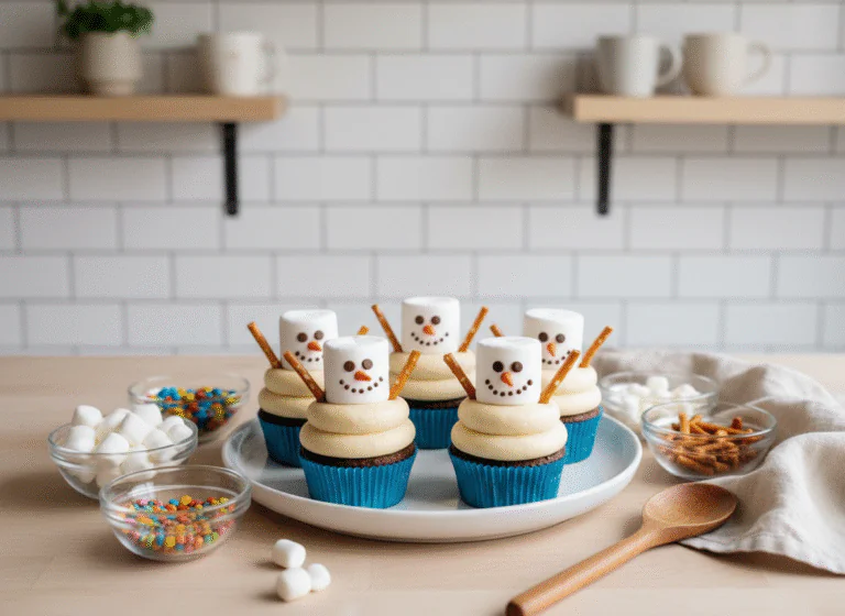 Schneemann Cupcakes mit Marshmallows – Einfache Weihnachtsdeko-Idee