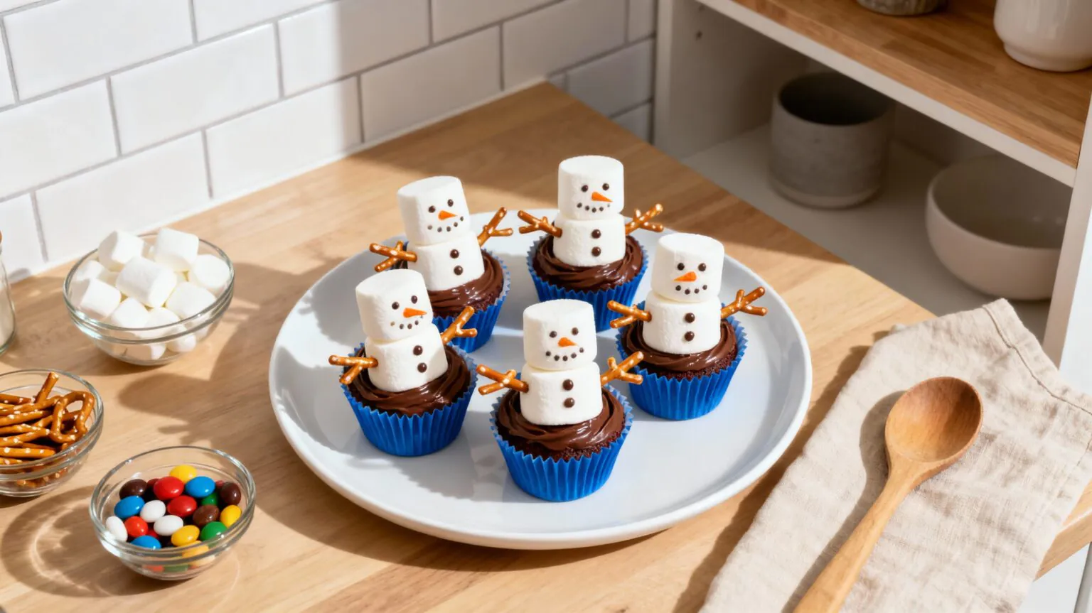 Schneemann Cupcakes mit Marshmallows – Einfache Weihnachtsdeko-Idee