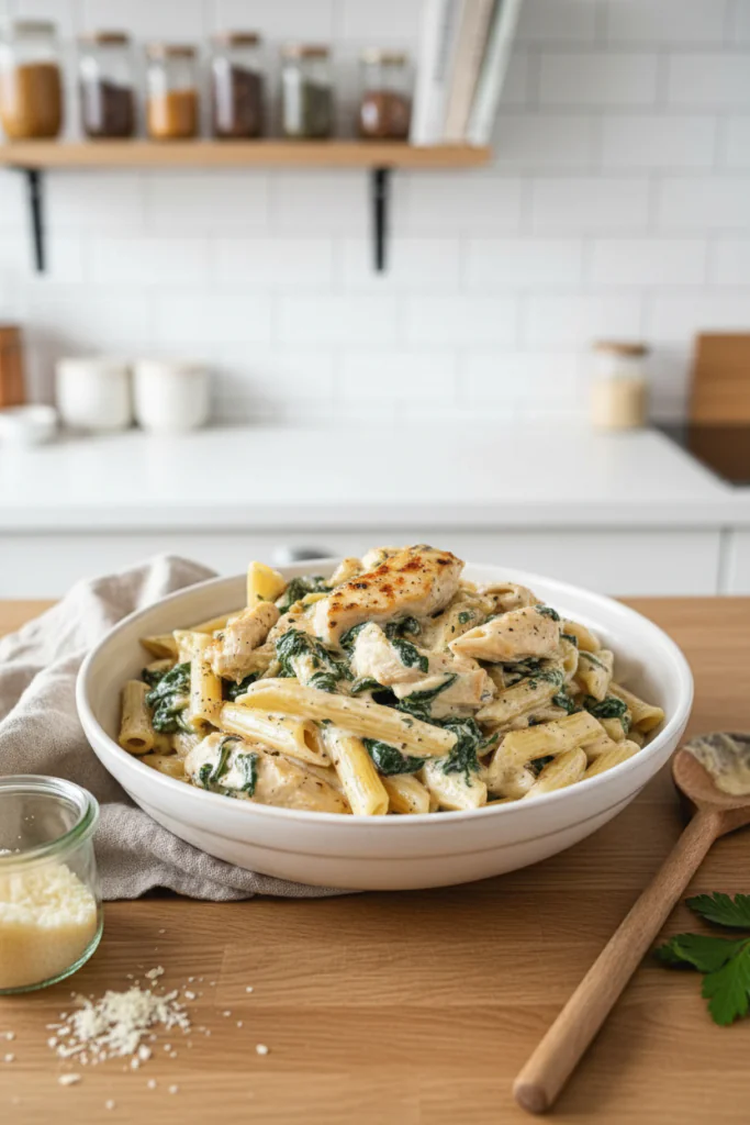 Frischkäse Spinat Hähnchen Pasta Rezept – Cremig Einfach 25 Min