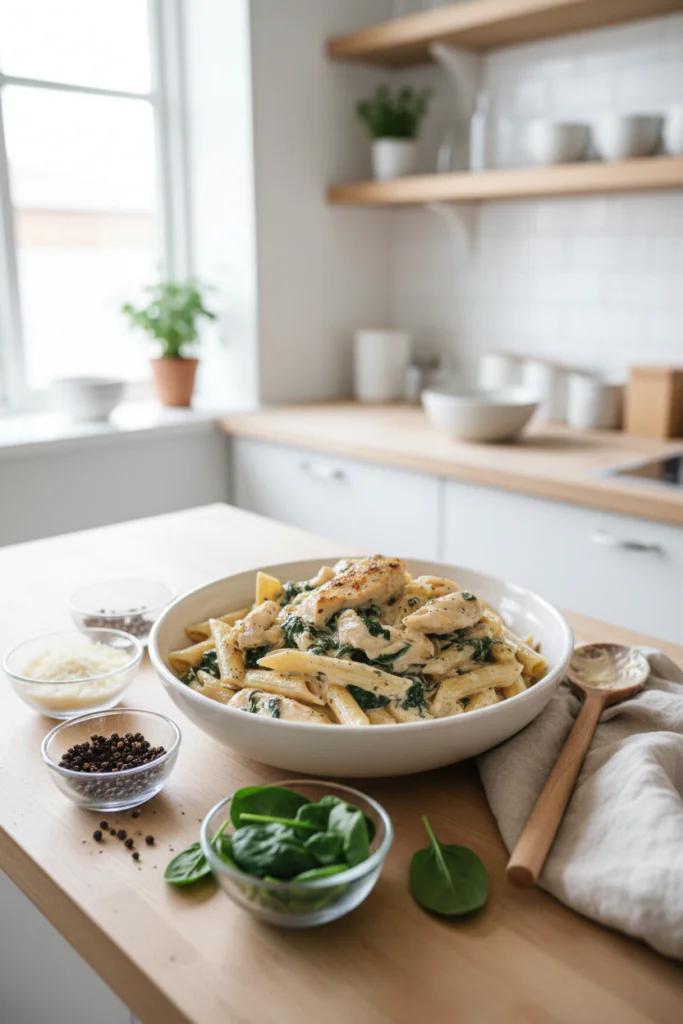 Frischkäse Spinat Hähnchen Pasta Rezept – Cremig Einfach 25 Min