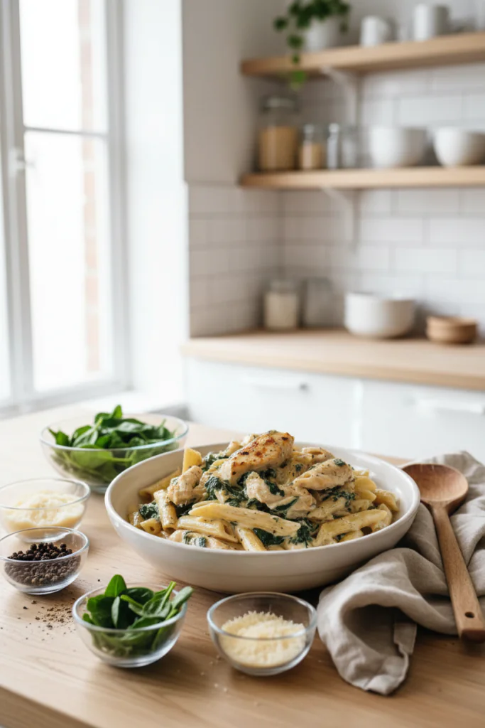 Frischkäse Spinat Hähnchen Pasta Rezept – Cremig Einfach 25 Min
