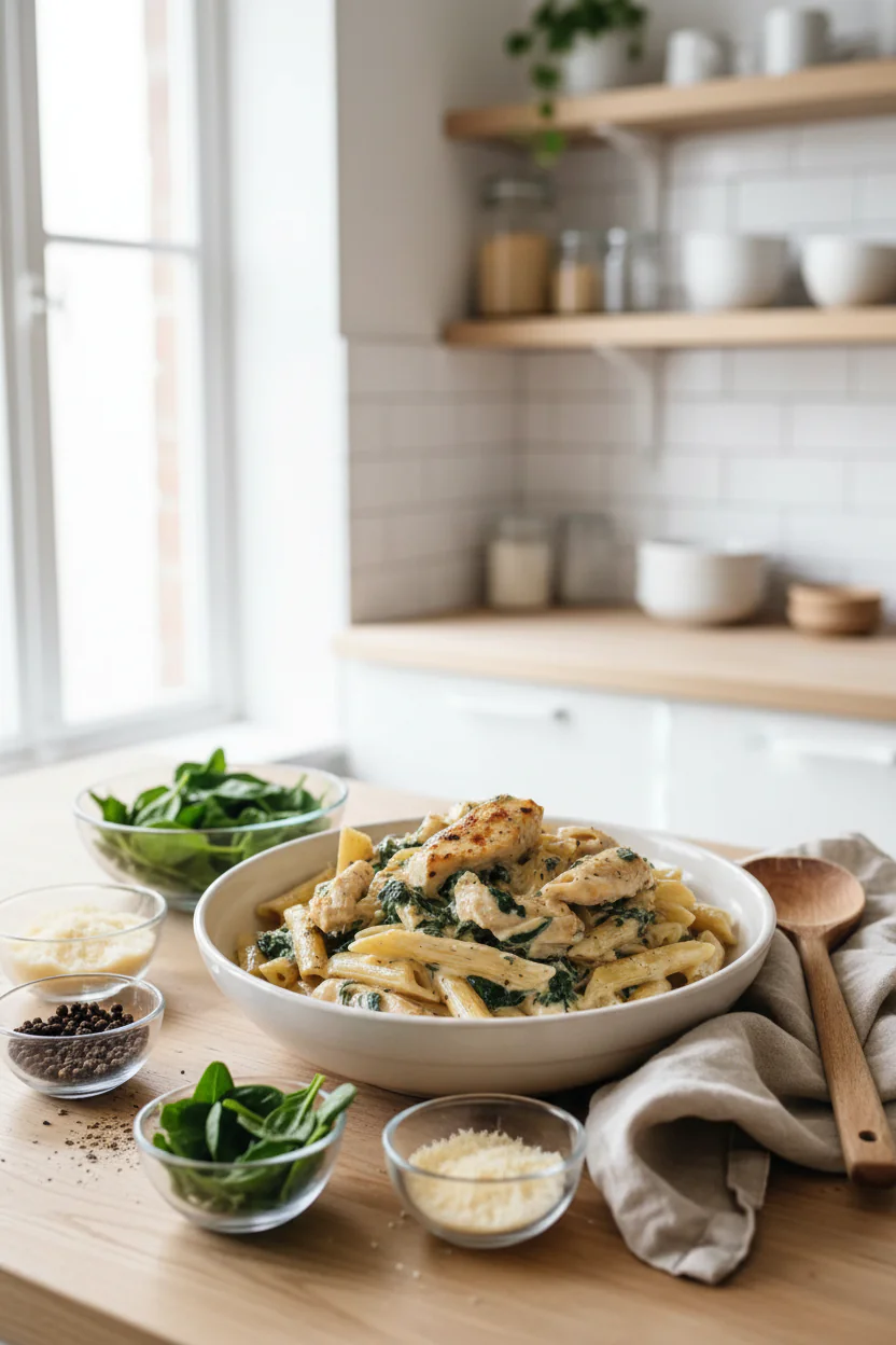 Hähnchen in Spinat-Frischkäse-Sauce 1 Hähnchen Spinat Pasta Cremig Meal Prep