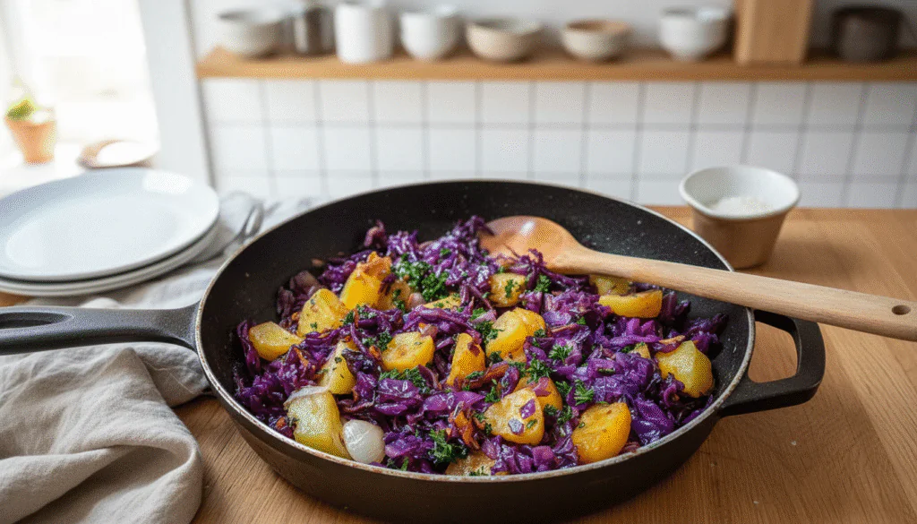 Rotkohl-Pfanne mit Kartoffeln Rezept Einfach – Vegetarisch Sättigend 40 Min