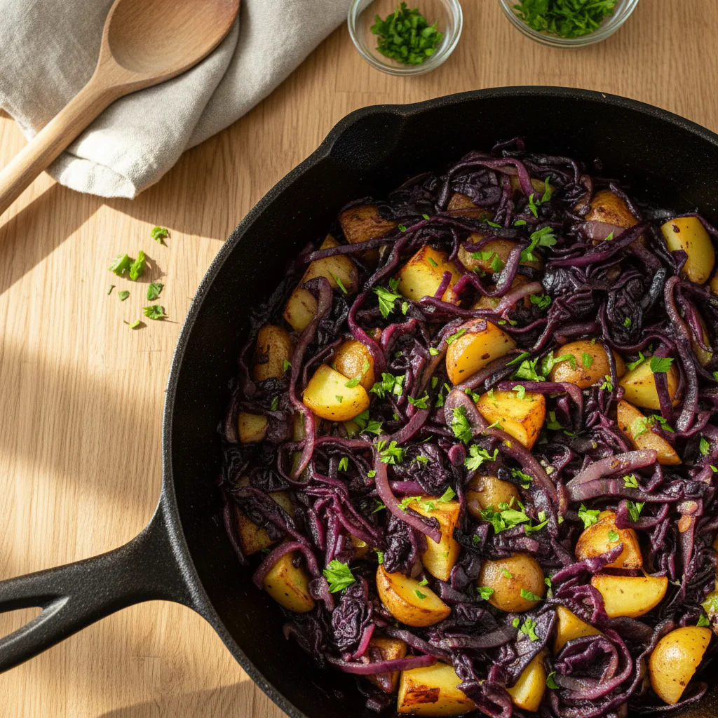 Rotkohl Pfanne mit Kartoffeln Rezept – Einfaches Herbstgericht