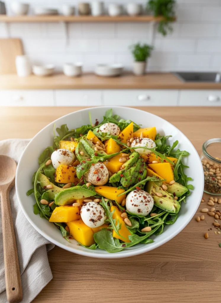 Rucola Mango Salat mit Pinienkernen einfach Rezept