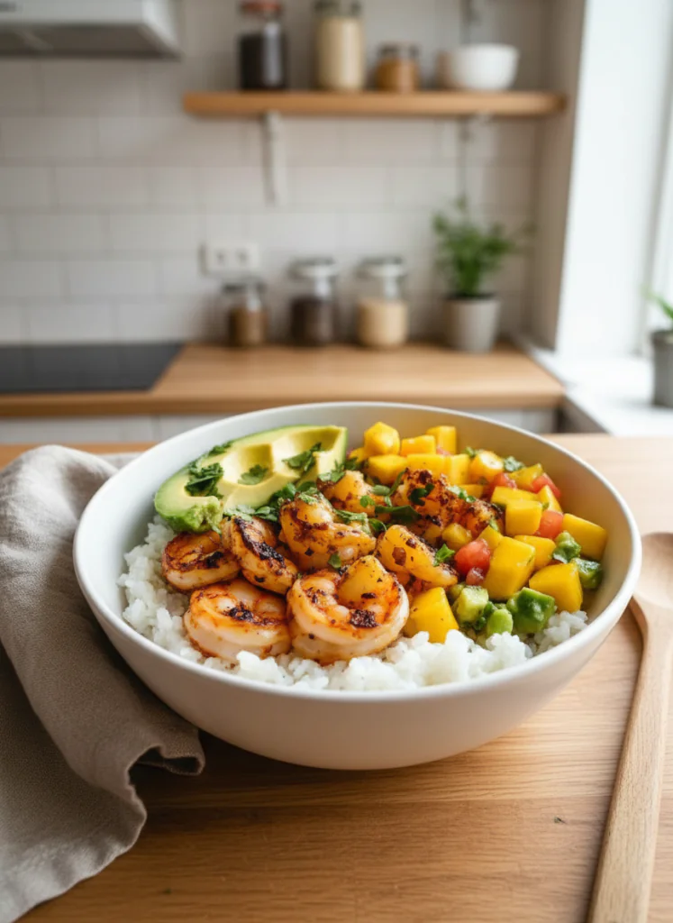 Schnelle Garnelen Bowl mit Mango Avocado Salsa Rezept – 25 Min