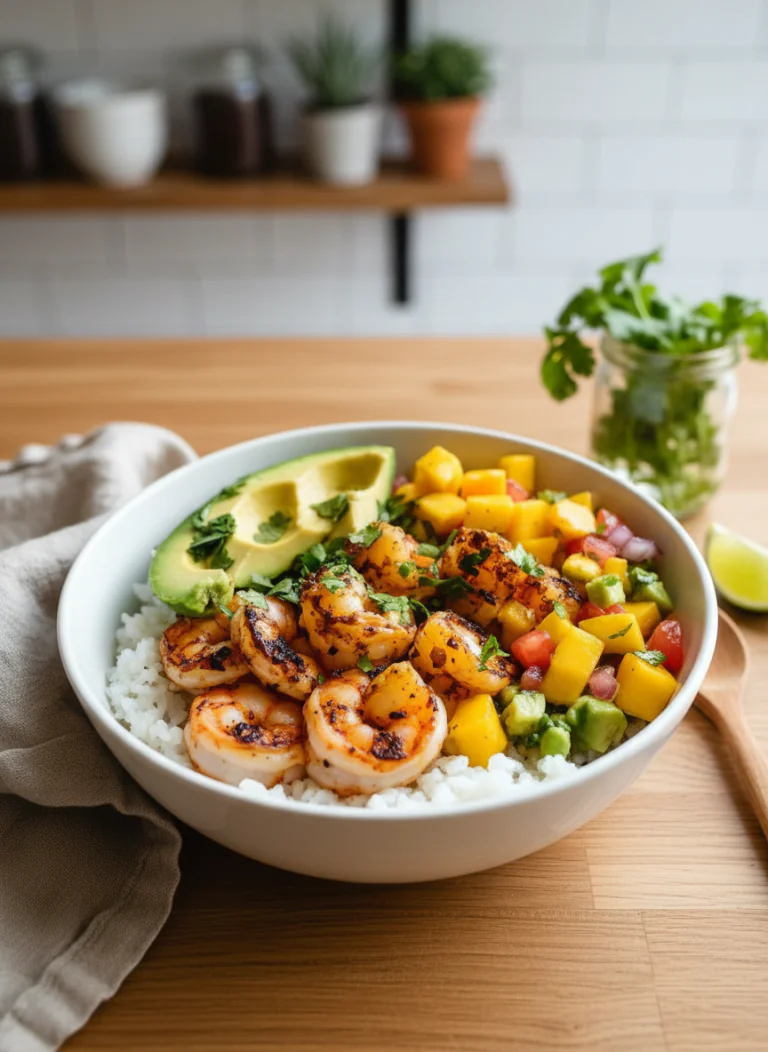 Schnelle Garnelen Bowl mit Mango Avocado Salsa Rezept – 25 Min