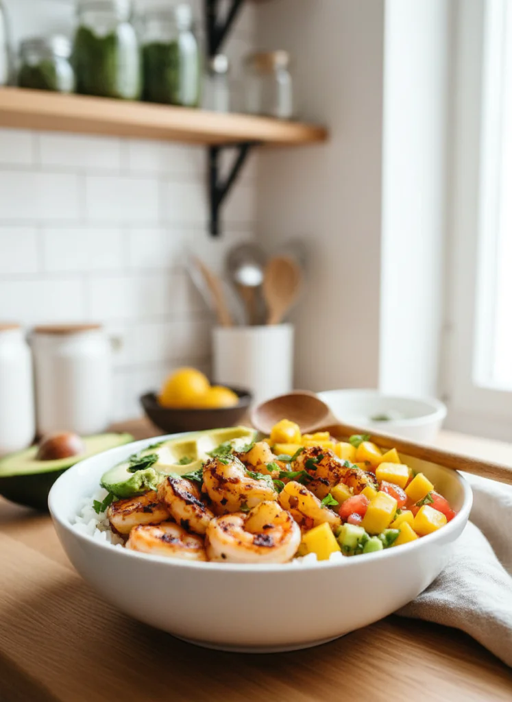 Schnelle Garnelen Bowl mit Mango Avocado Salsa Rezept – 25 Min