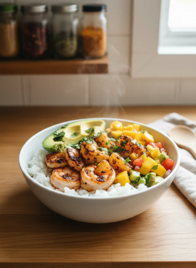 Schnelle Gesunde Garnelen Bowl Rezept mit Mango Avocado Salsa