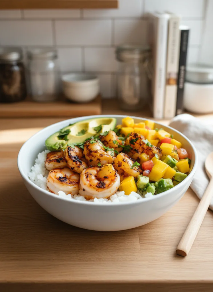 Schnelle Gesunde Garnelen Bowl Rezept mit Mango Avocado Salsa