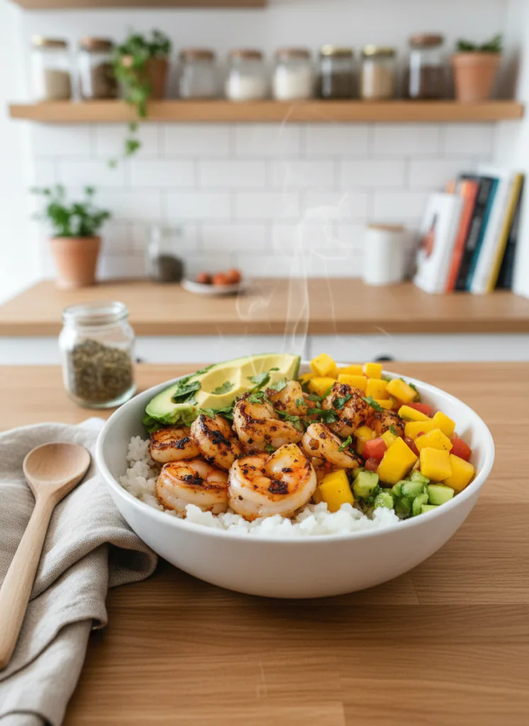 Schnelle Gesunde Garnelen Bowl Rezept mit Mango Avocado Salsa