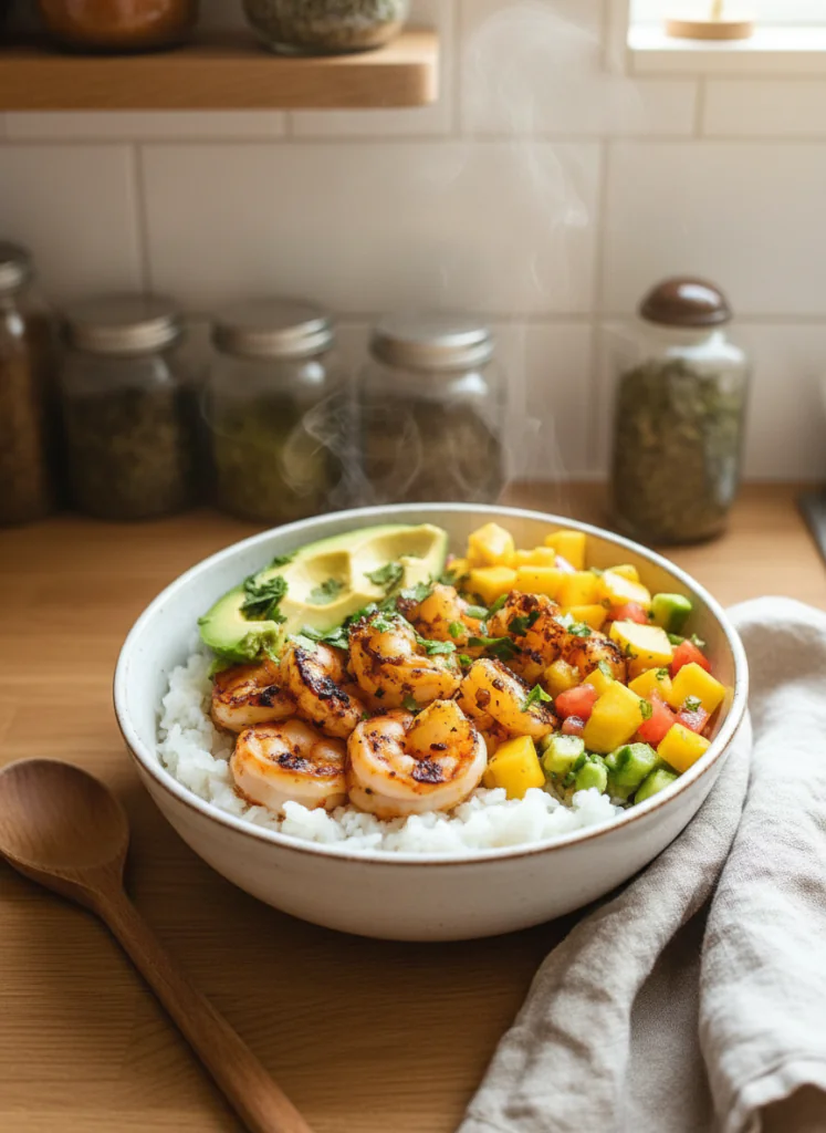 Schnelle Gesunde Garnelen Bowl Rezept mit Mango Avocado Salsa