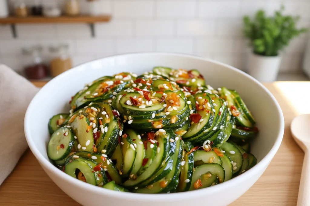 Asiatischer Gurkensalat mit Chili Sesam Rezept