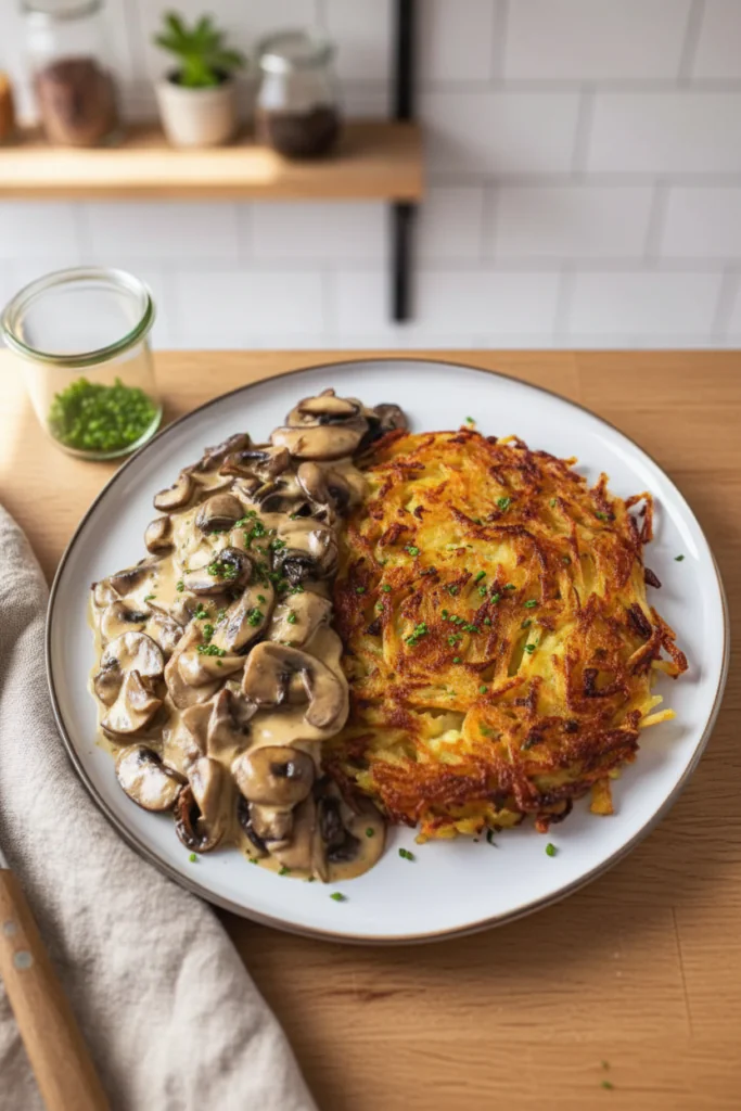 Mozzarella Rösti mit Zwiebel-Pilzrahmsoße Rezept
