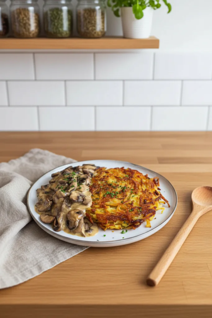 Mozzarella Rösti mit Zwiebel-Pilzrahmsoße Rezept einfach