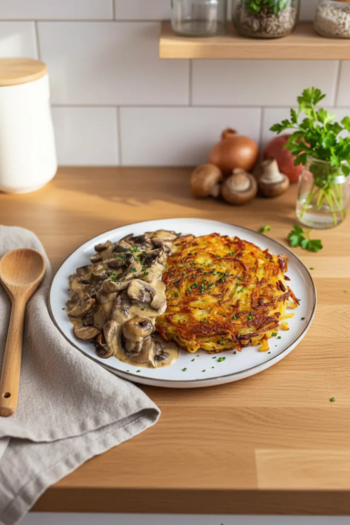 Mozzarella Rösti mit Zwiebel-Pilzrahmsoße Rezepte