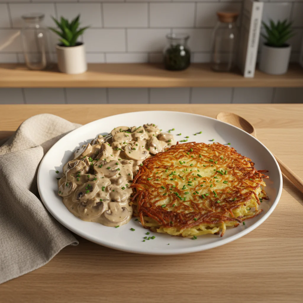 Mozzarella Rösti mit Zwiebel-Pilzrahmsoße schnell Rezept