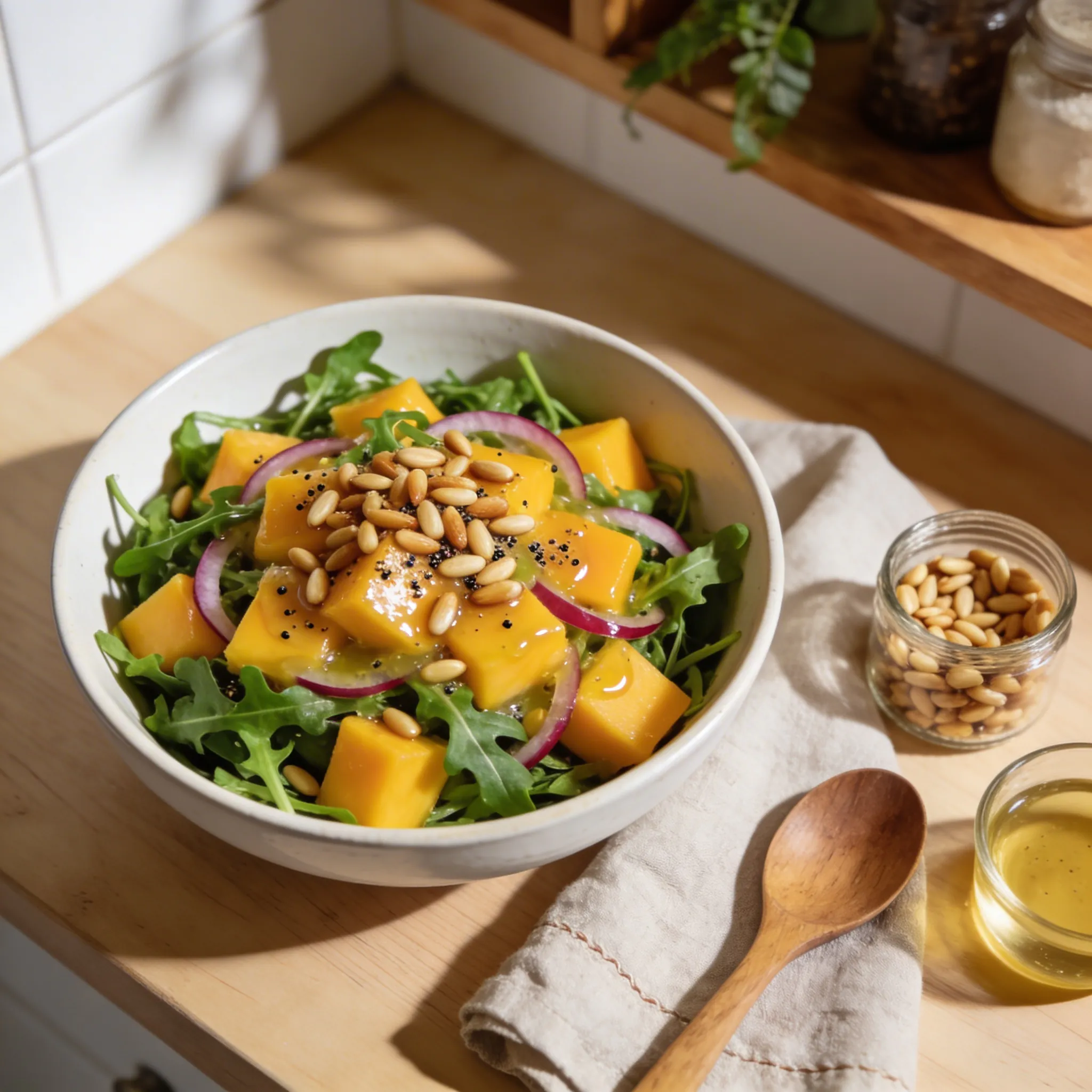 Rucola Mango Salat mit Pinienkernen einfach
