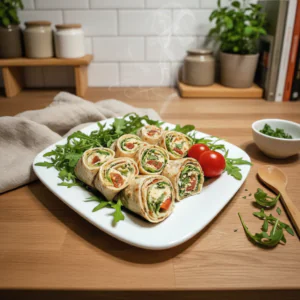 Vegetarische Wrap-Röllchen mit Rucola und Tomaten 8 Vegetarische Wrap Rollchen mit Rucola und Tomaten einfache rezept